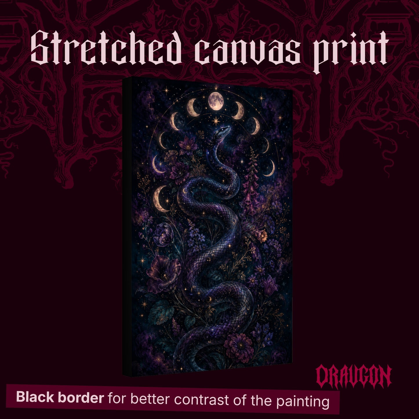 Celestial Serpent shown as a gallery-wrapped stretched canvas angled to reveal its depth and black border, with the Draugon wordmark and the caption Black border for better contrast of the painting.