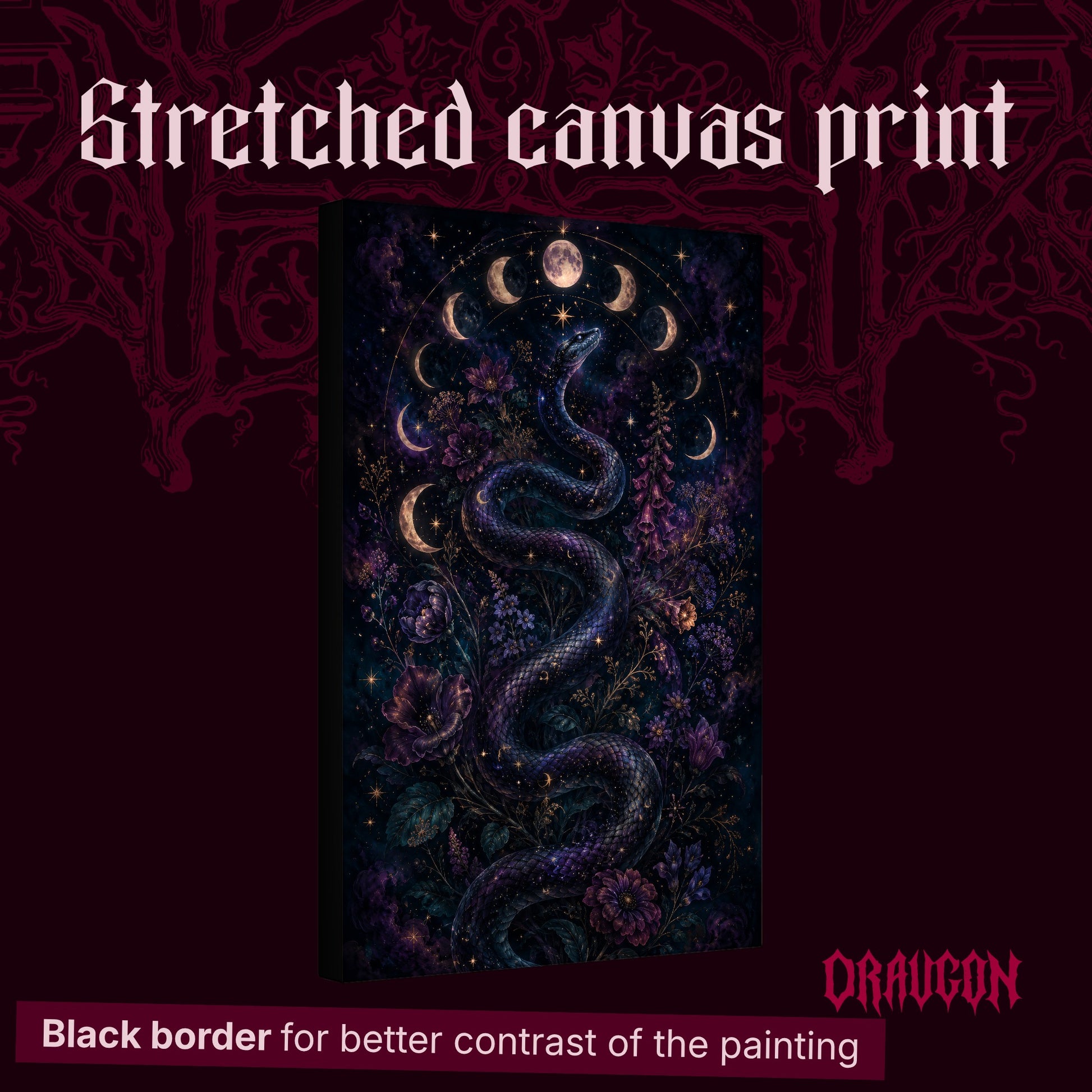 Celestial Serpent shown as a gallery-wrapped stretched canvas angled to reveal its depth and black border, with the Draugon wordmark and the caption Black border for better contrast of the painting.