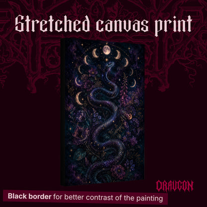 Celestial Serpent shown as a gallery-wrapped stretched canvas angled to reveal its depth and black border, with the Draugon wordmark and the caption Black border for better contrast of the painting.