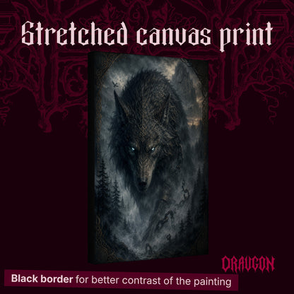 Vanagandr shown as a gallery-wrapped stretched canvas angled to reveal its depth and black border, with the Draugon wordmark and the caption Black border for better contrast of the painting.