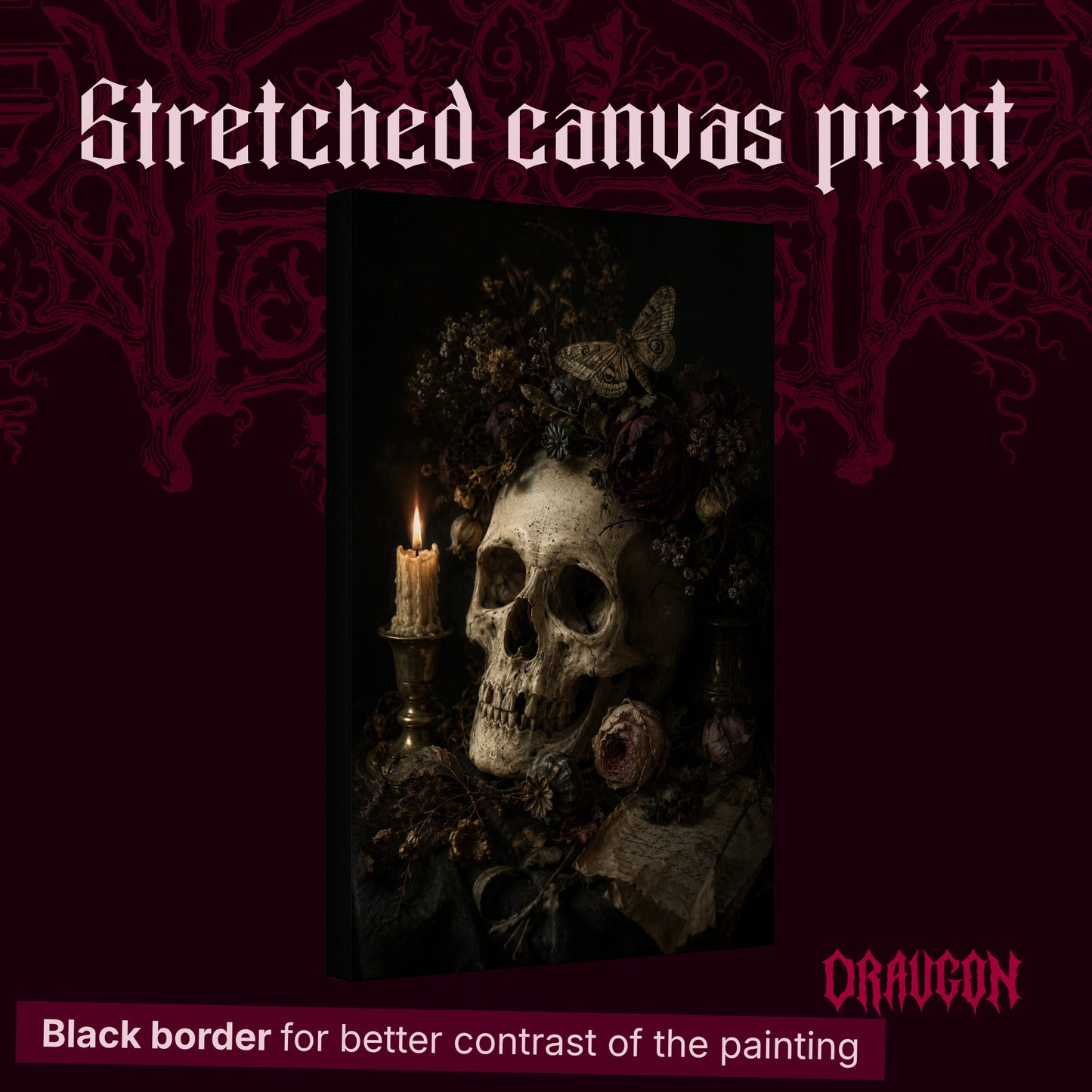 Requiem shown as a gallery-wrapped stretched canvas angled to reveal its depth and black border, with the Draugon wordmark and the caption Black border for better contrast of the painting.