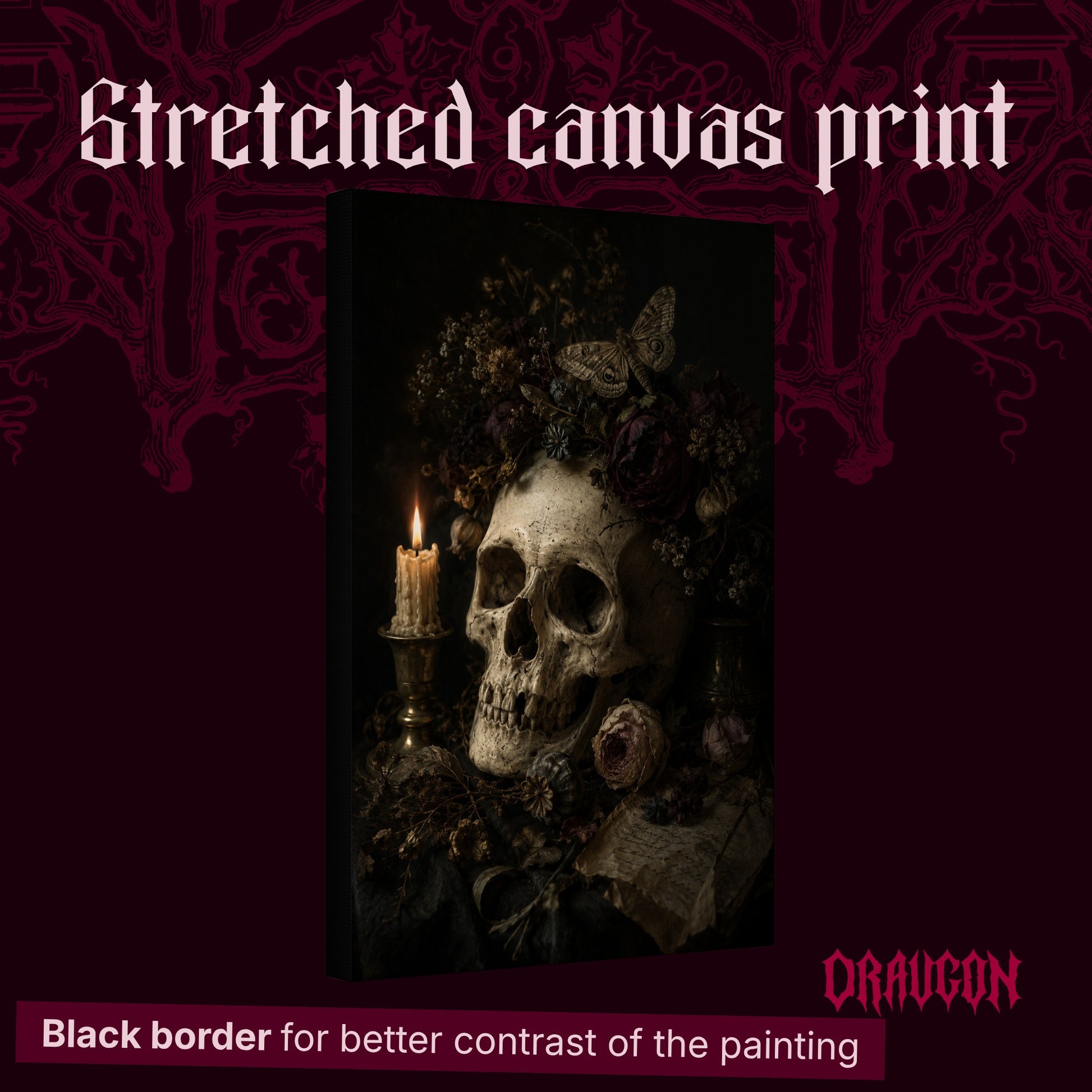 Requiem shown as a gallery-wrapped stretched canvas angled to reveal its depth and black border, with the Draugon wordmark and the caption Black border for better contrast of the painting.