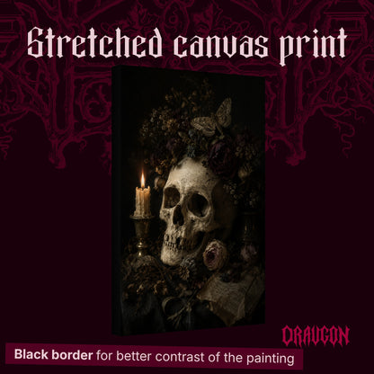 Requiem shown as a gallery-wrapped stretched canvas angled to reveal its depth and black border, with the Draugon wordmark and the caption Black border for better contrast of the painting.