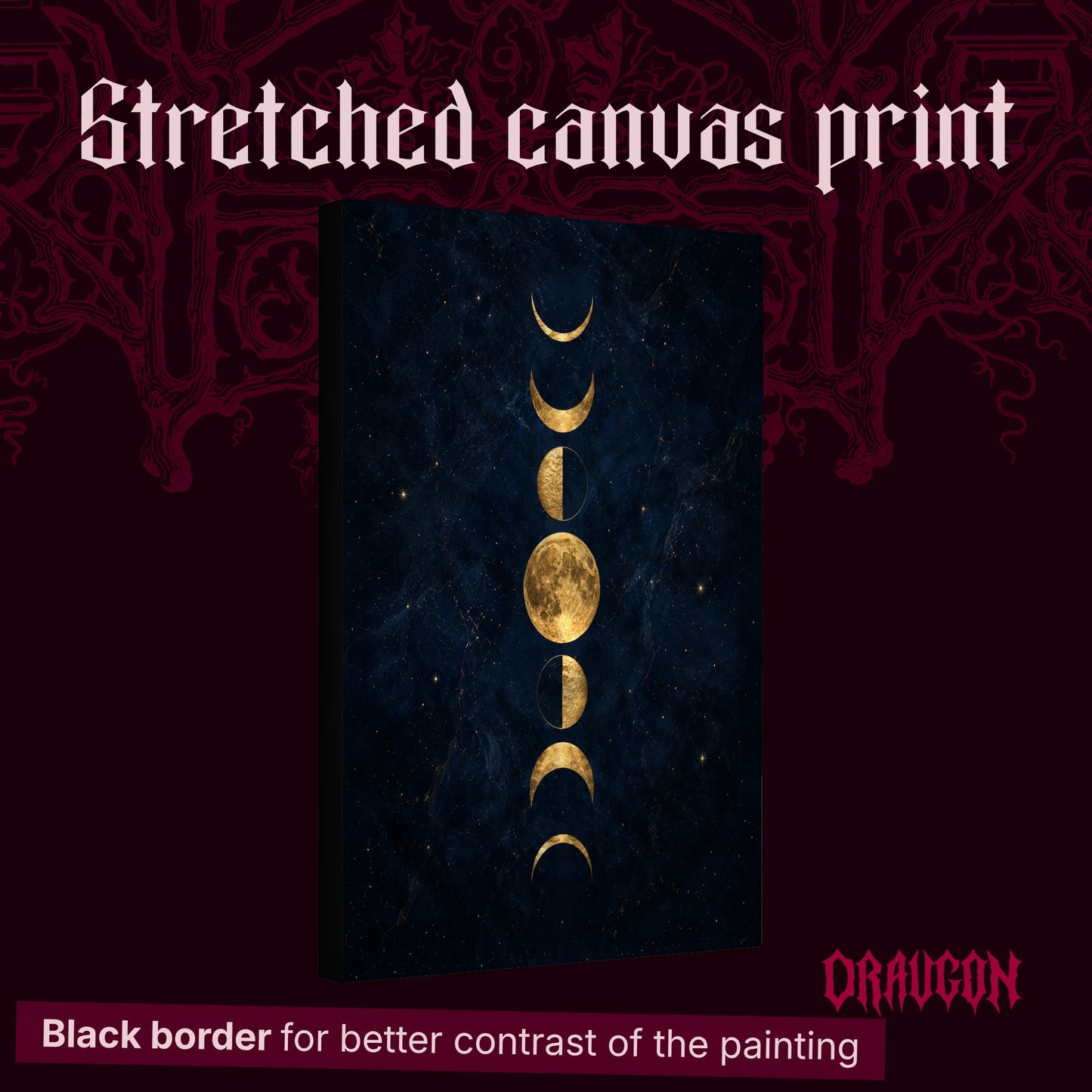 Lunarium shown as a gallery-wrapped stretched canvas angled to reveal its depth and black border, with the Draugon wordmark and the caption Black border for better contrast of the painting.