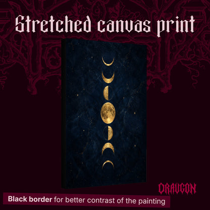 Lunarium shown as a gallery-wrapped stretched canvas angled to reveal its depth and black border, with the Draugon wordmark and the caption Black border for better contrast of the painting.