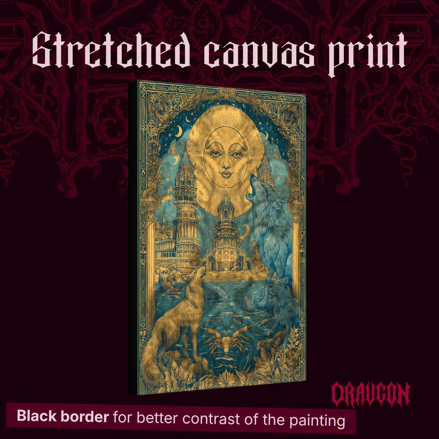 The Sunken Court shown as a gallery-wrapped stretched canvas angled to reveal its depth and black border, with the Draugon wordmark and the caption Black border for better contrast of the painting.
