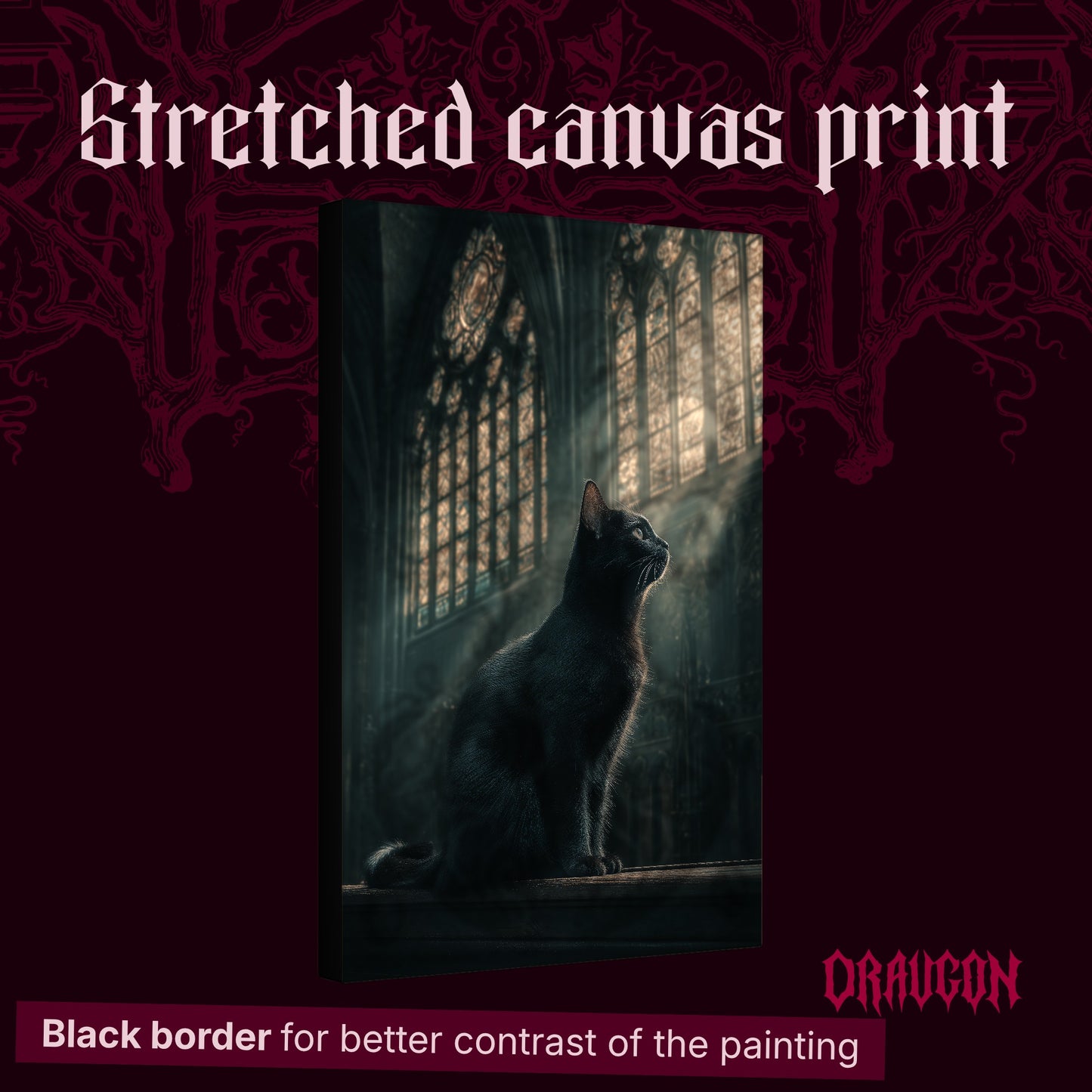  Grimalkin shown as a gallery-wrapped stretched canvas angled to reveal its depth and black border, with the Draugon wordmark and the caption Black border for better contrast of the painting.