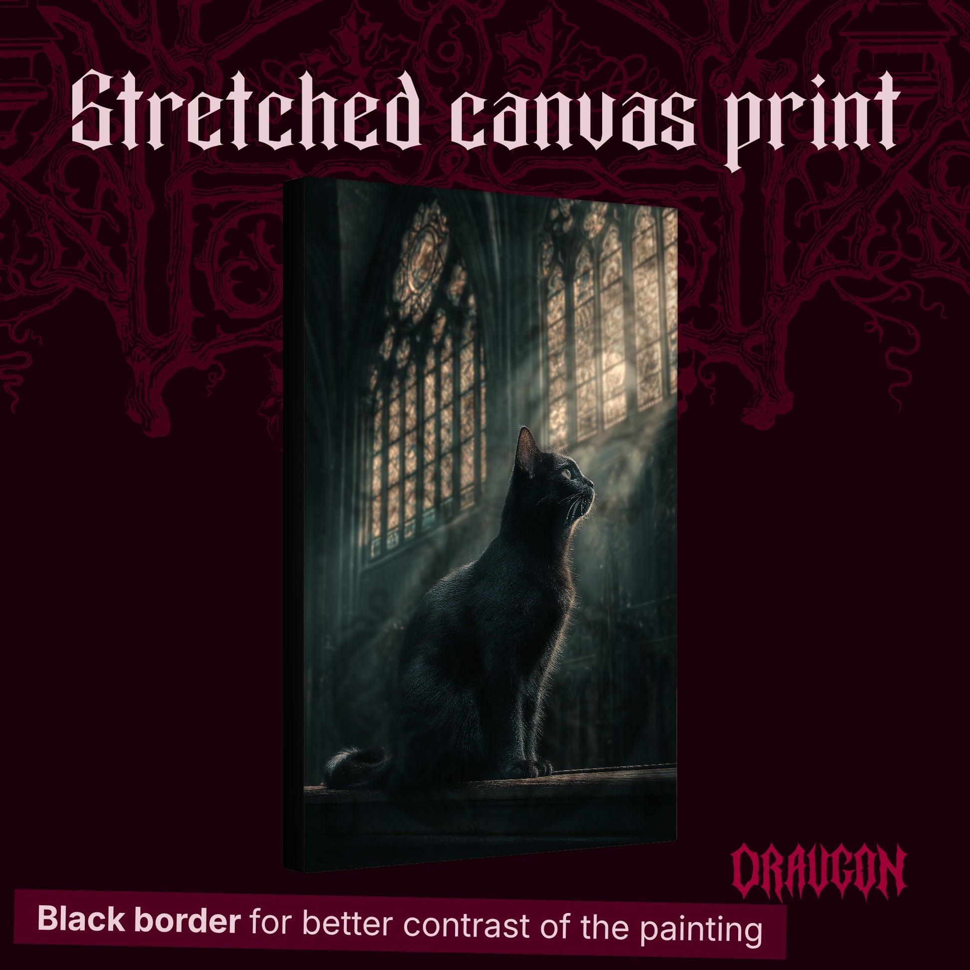  Grimalkin shown as a gallery-wrapped stretched canvas angled to reveal its depth and black border, with the Draugon wordmark and the caption Black border for better contrast of the painting.