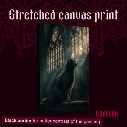  Grimalkin shown as a gallery-wrapped stretched canvas angled to reveal its depth and black border, with the Draugon wordmark and the caption Black border for better contrast of the painting.