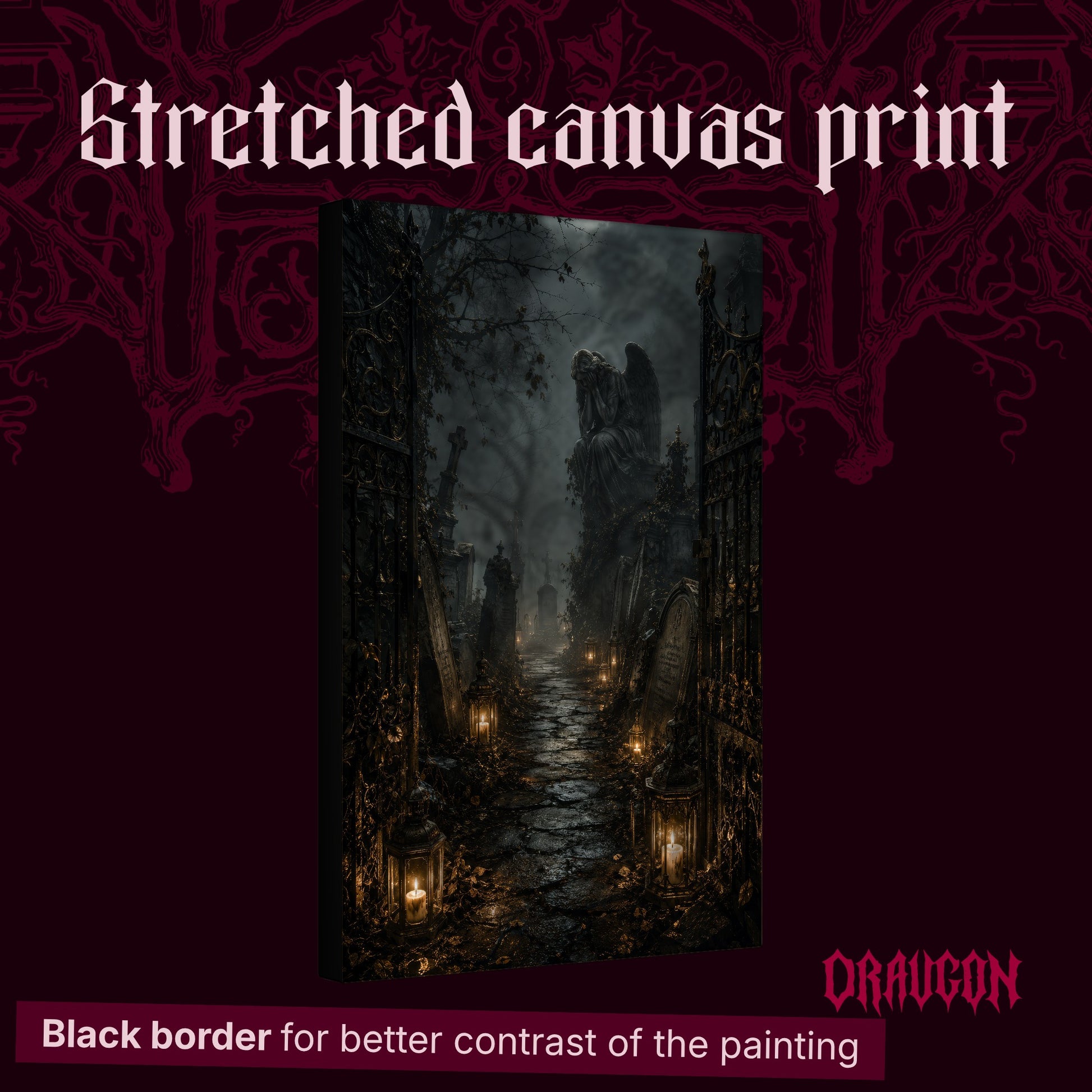 The Lychgate shown as a gallery-wrapped stretched canvas angled to reveal its depth and black border, with the Draugon wordmark and the caption Black border for better contrast of the painting.