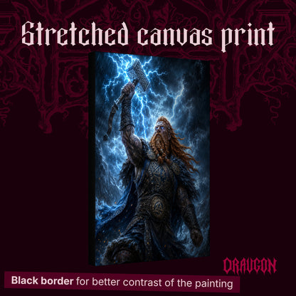  Mjölnir shown as a gallery-wrapped stretched canvas angled to reveal its depth and black border, with the Draugon wordmark and the caption Black border for better contrast of the painting.