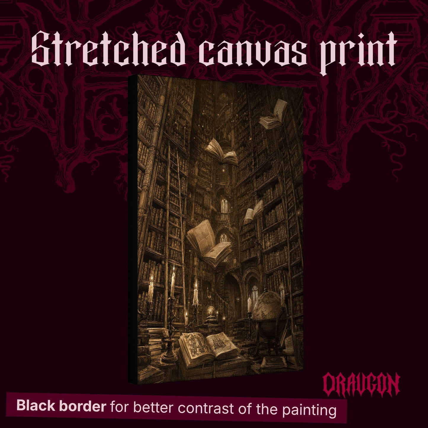 The Untethered Athenaeum shown as a gallery-wrapped stretched canvas angled to reveal its depth and black border, with the Draugon wordmark and the caption Black border for better contrast of the painting.