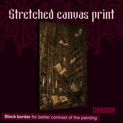 The Untethered Athenaeum shown as a gallery-wrapped stretched canvas angled to reveal its depth and black border, with the Draugon wordmark and the caption Black border for better contrast of the painting.