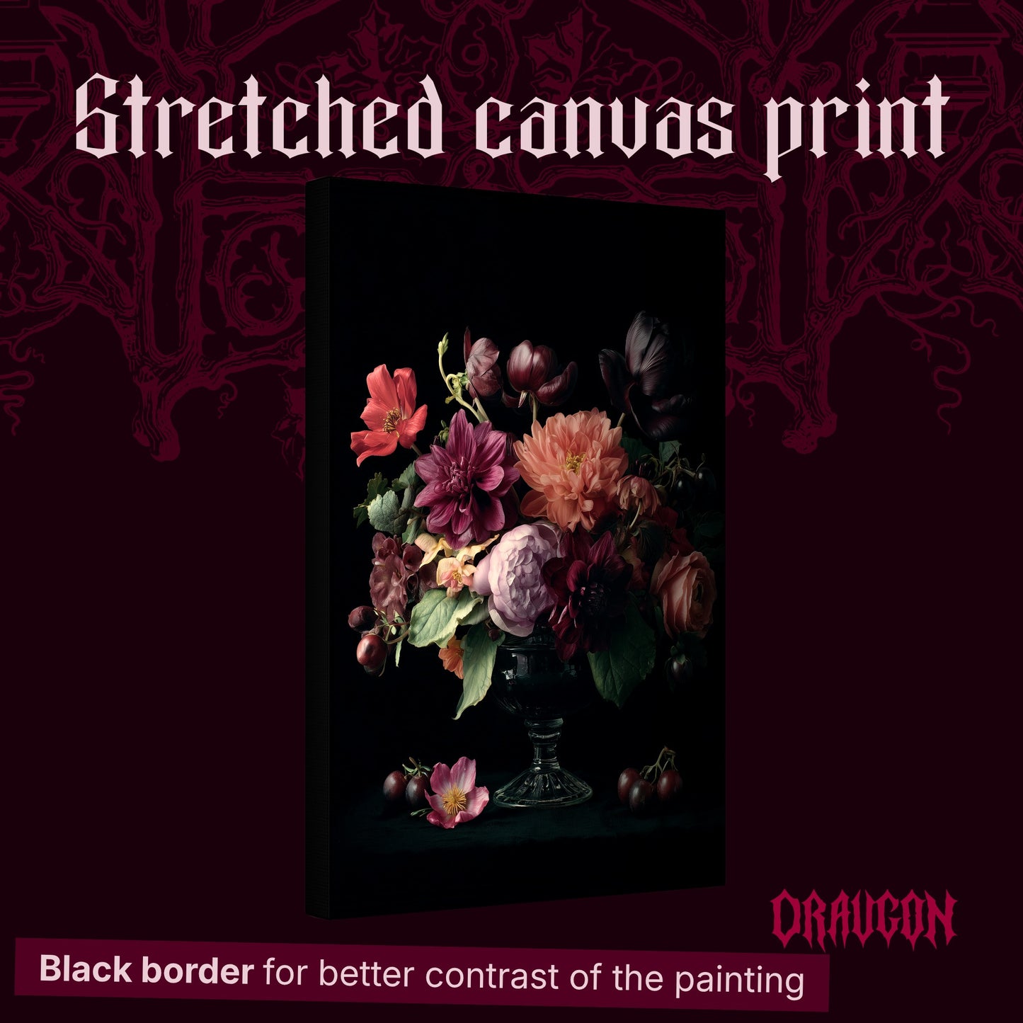 Tazza shown as a gallery-wrapped stretched canvas angled to reveal its depth and black border, with the Draugon wordmark and the caption Black border for better contrast of the painting.