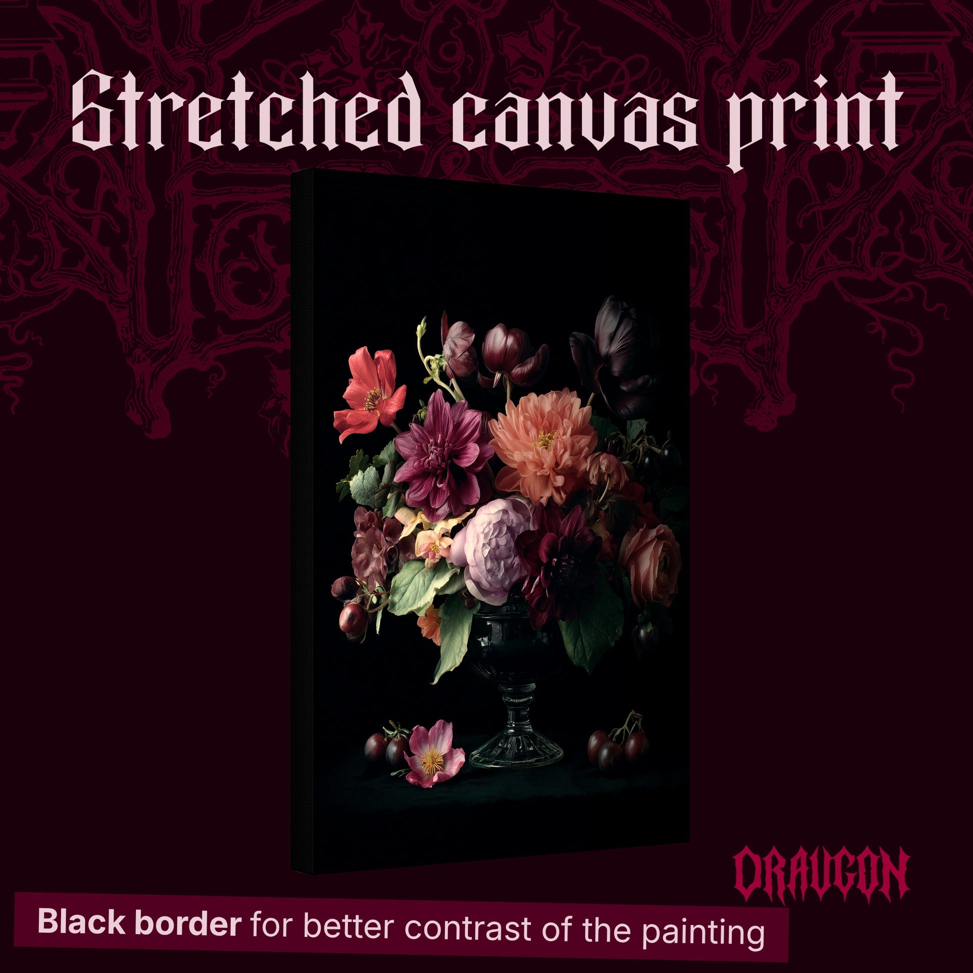 Tazza shown as a gallery-wrapped stretched canvas angled to reveal its depth and black border, with the Draugon wordmark and the caption Black border for better contrast of the painting.