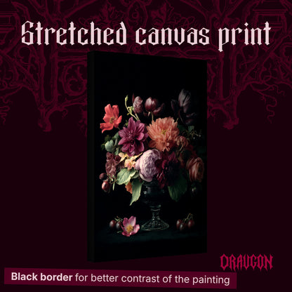 Tazza shown as a gallery-wrapped stretched canvas angled to reveal its depth and black border, with the Draugon wordmark and the caption Black border for better contrast of the painting.