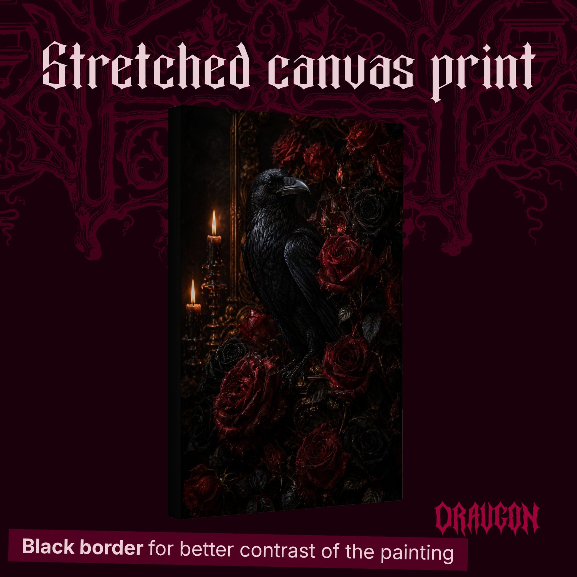  Lenore shown as a gallery-wrapped stretched canvas angled to reveal its depth and black border, with the Draugon wordmark and the caption Black border for better contrast of the painting.