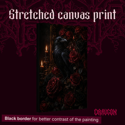  Lenore shown as a gallery-wrapped stretched canvas angled to reveal its depth and black border, with the Draugon wordmark and the caption Black border for better contrast of the painting.