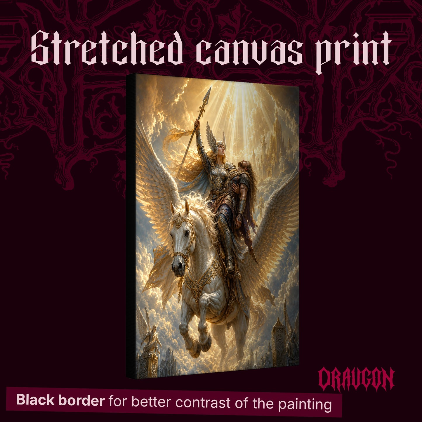 Valkyrie shown as a gallery-wrapped stretched canvas angled to reveal its depth and black border, with the Draugon wordmark and the caption Black border for better contrast of the painting.