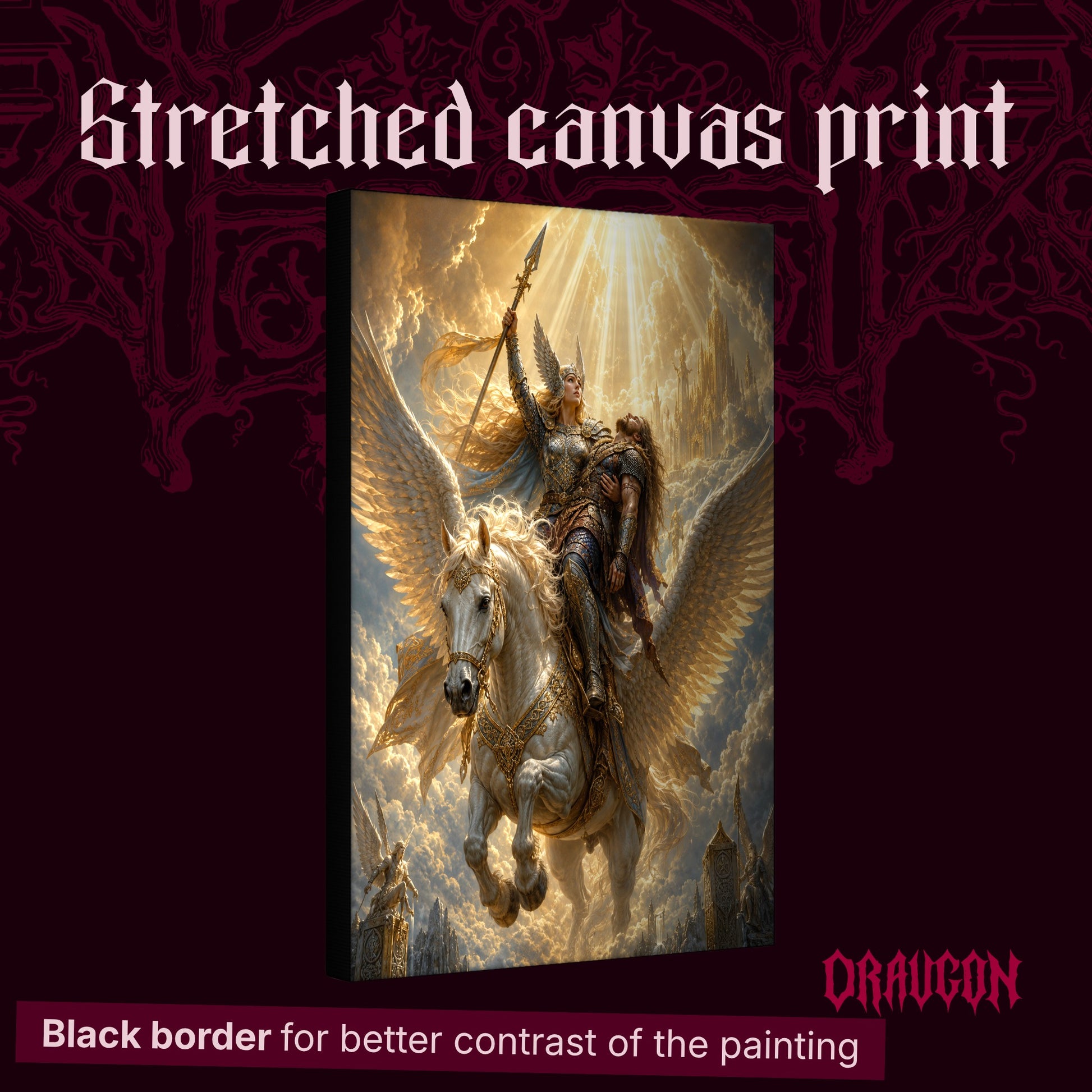 Valkyrie shown as a gallery-wrapped stretched canvas angled to reveal its depth and black border, with the Draugon wordmark and the caption Black border for better contrast of the painting.