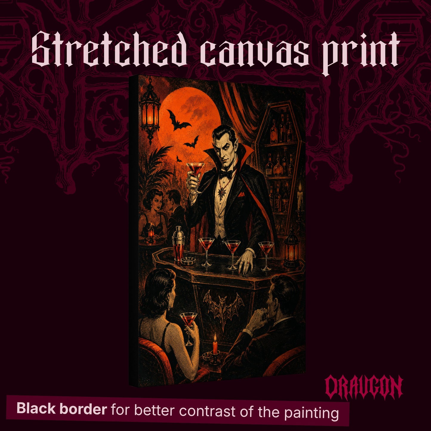 Shaken Not Staked shown as a gallery-wrapped stretched canvas angled to reveal its depth and black border, with the Draugon wordmark and the caption Black border for better contrast of the painting.