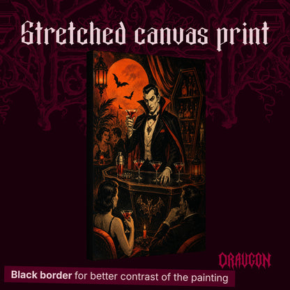 Shaken Not Staked shown as a gallery-wrapped stretched canvas angled to reveal its depth and black border, with the Draugon wordmark and the caption Black border for better contrast of the painting.
