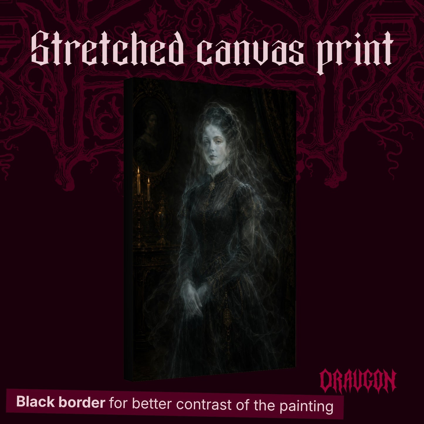 The Grey Lady shown as a gallery-wrapped stretched canvas angled to reveal its depth and black border, with the Draugon wordmark and the caption Black border for better contrast of the painting.
