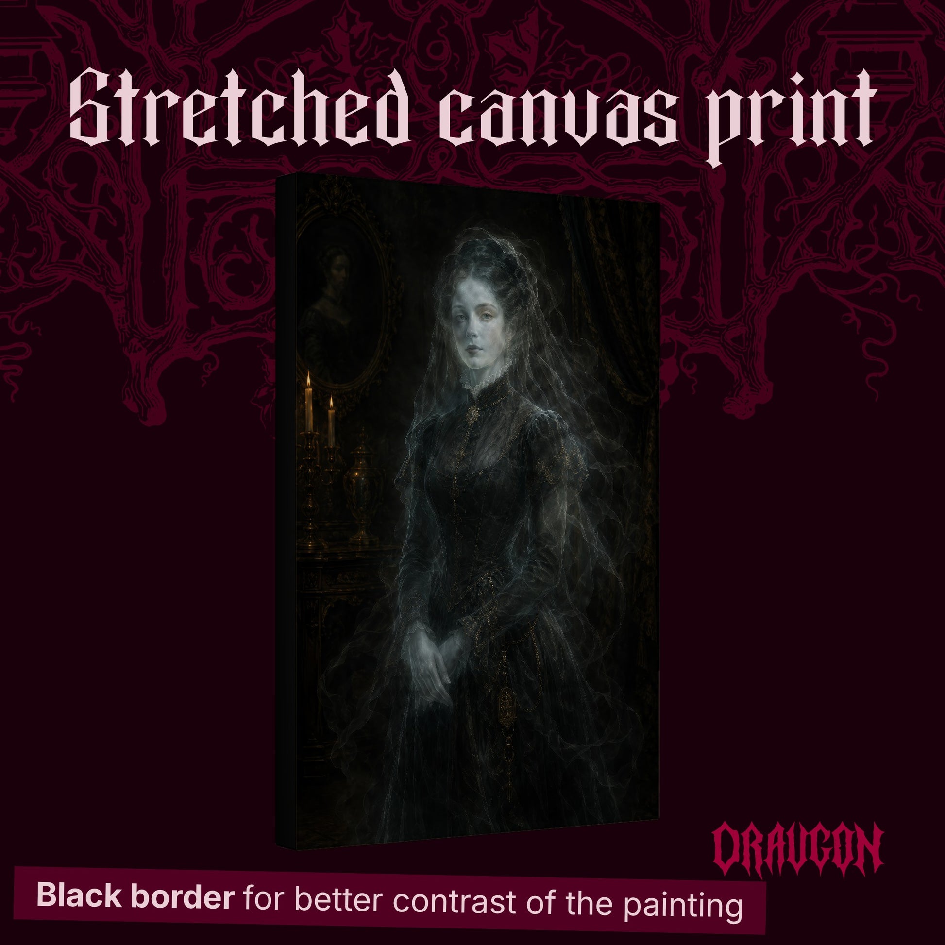 The Grey Lady shown as a gallery-wrapped stretched canvas angled to reveal its depth and black border, with the Draugon wordmark and the caption Black border for better contrast of the painting.