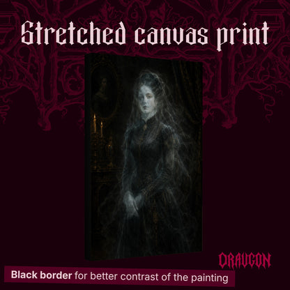 The Grey Lady shown as a gallery-wrapped stretched canvas angled to reveal its depth and black border, with the Draugon wordmark and the caption Black border for better contrast of the painting.