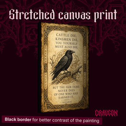 Hávamál shown as a gallery-wrapped stretched canvas angled to reveal its depth and black border, with the Draugon wordmark and the caption Black border for better contrast of the painting.