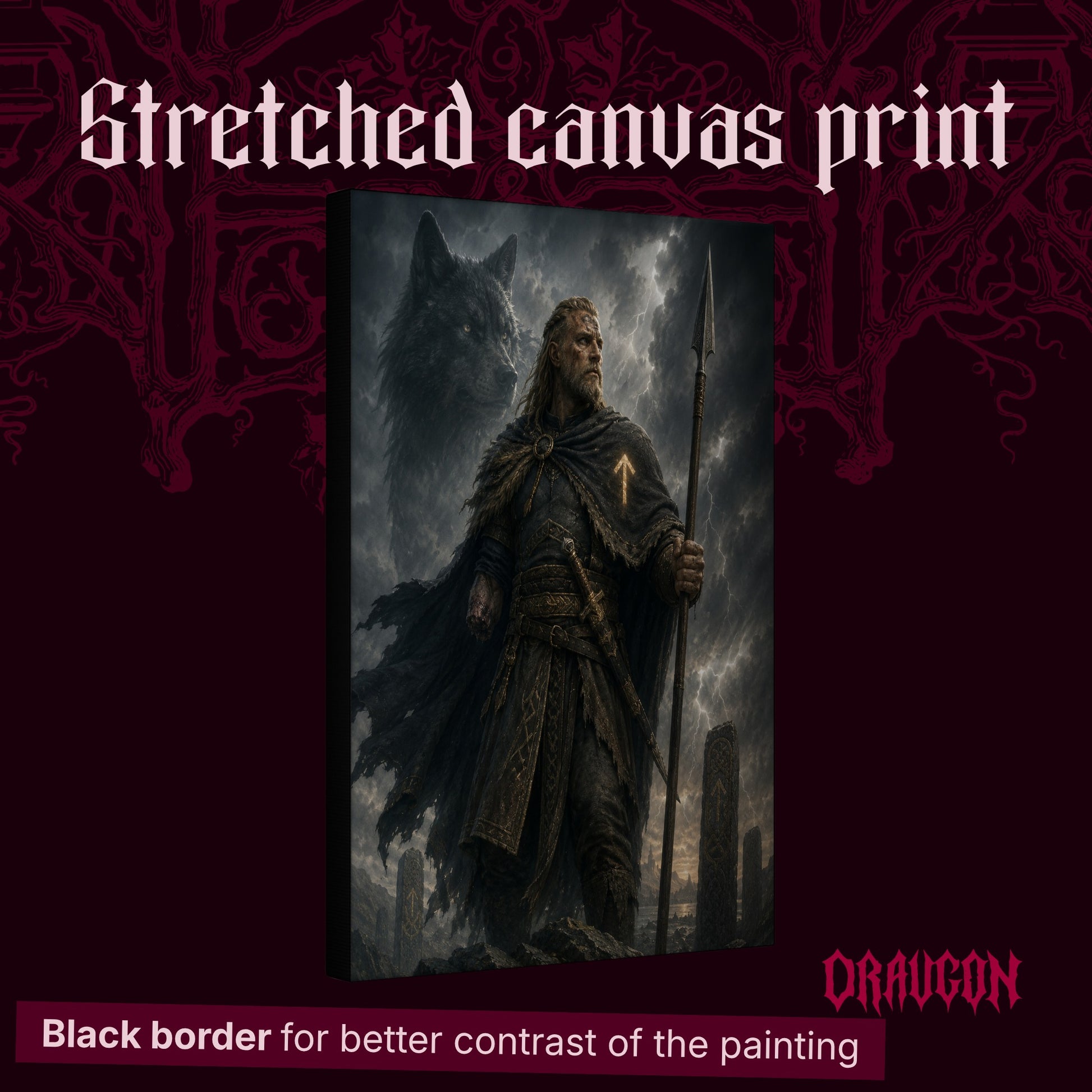 Tyr shown as a gallery-wrapped stretched canvas angled to reveal its depth and black border, with the Draugon wordmark and the caption Black border for better contrast of the painting.