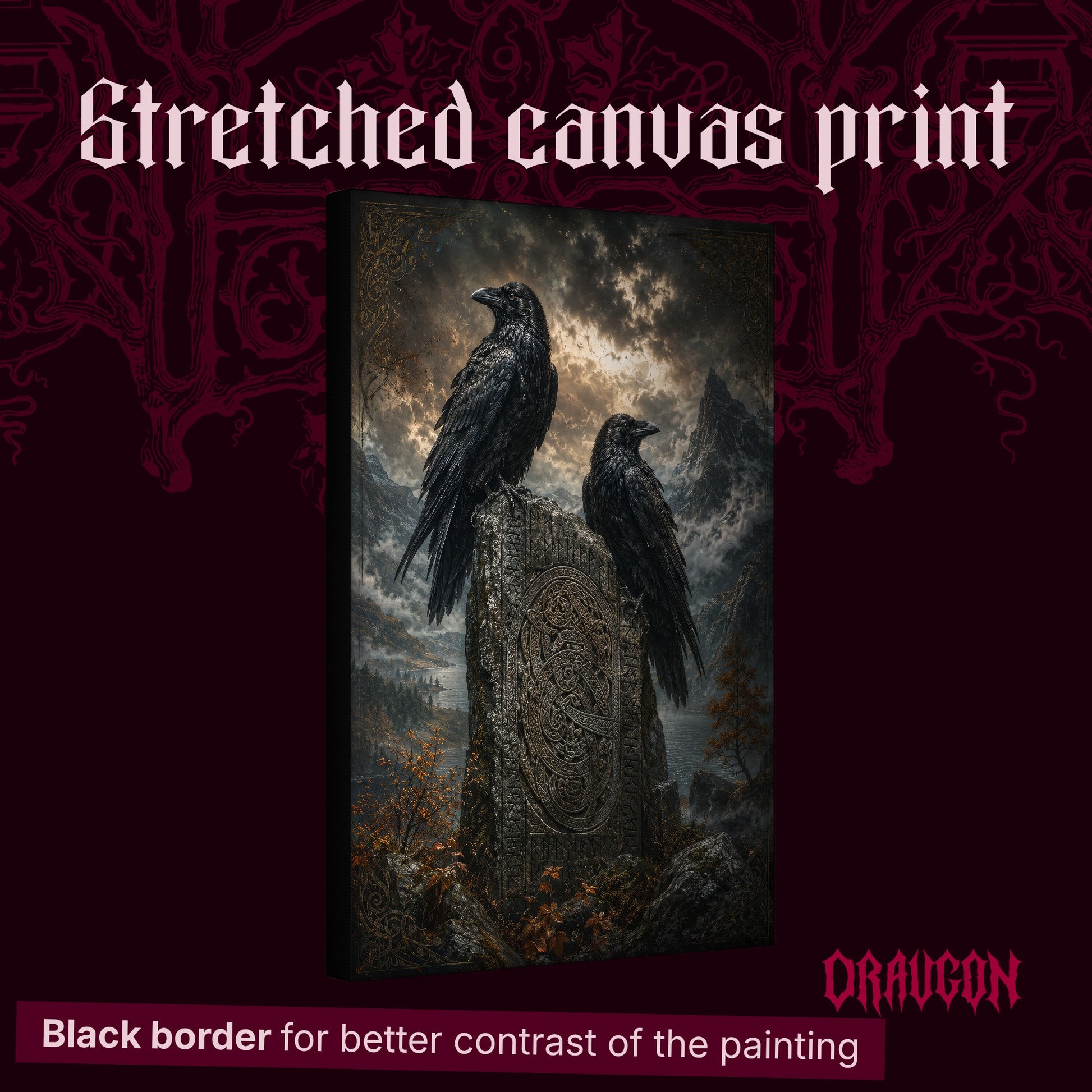 The Watchstone shown as a gallery-wrapped stretched canvas angled to reveal its depth and black border, with the Draugon wordmark and the caption Black border for better contrast of the painting.