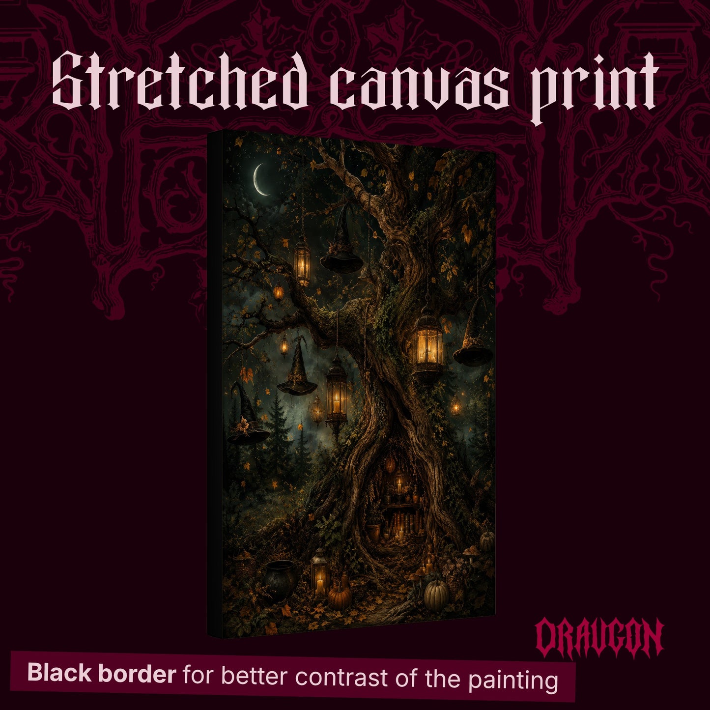 Ember Hollow shown as a gallery-wrapped stretched canvas angled to reveal its depth and black border, with the Draugon wordmark and the caption Black border for better contrast of the painting.