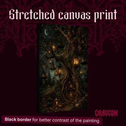 Ember Hollow shown as a gallery-wrapped stretched canvas angled to reveal its depth and black border, with the Draugon wordmark and the caption Black border for better contrast of the painting.