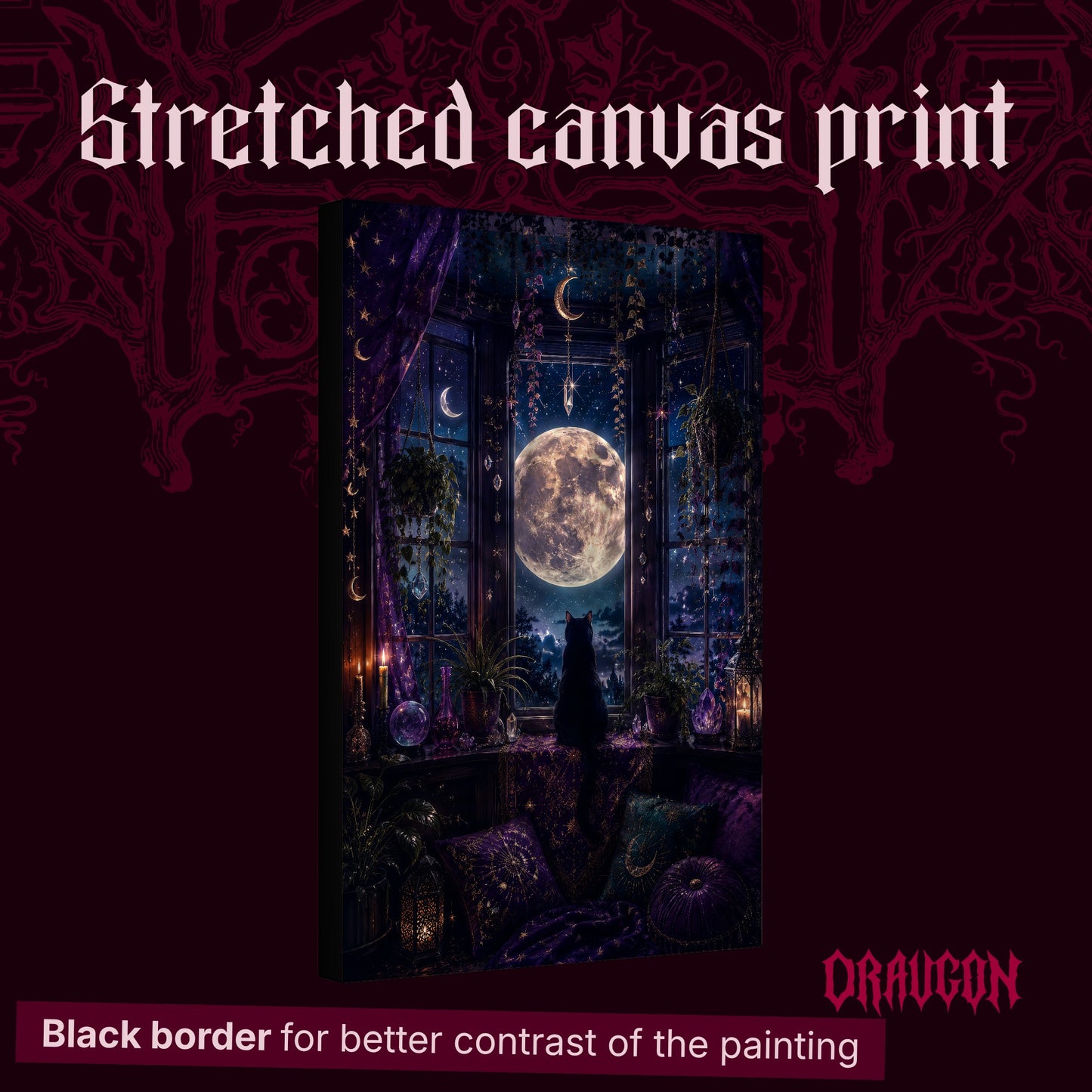 Witch's Window shown as a gallery-wrapped stretched canvas angled to reveal its depth and black border, with the Draugon wordmark and the caption Black border for better contrast of the painting.