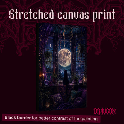 Witch's Window shown as a gallery-wrapped stretched canvas angled to reveal its depth and black border, with the Draugon wordmark and the caption Black border for better contrast of the painting.