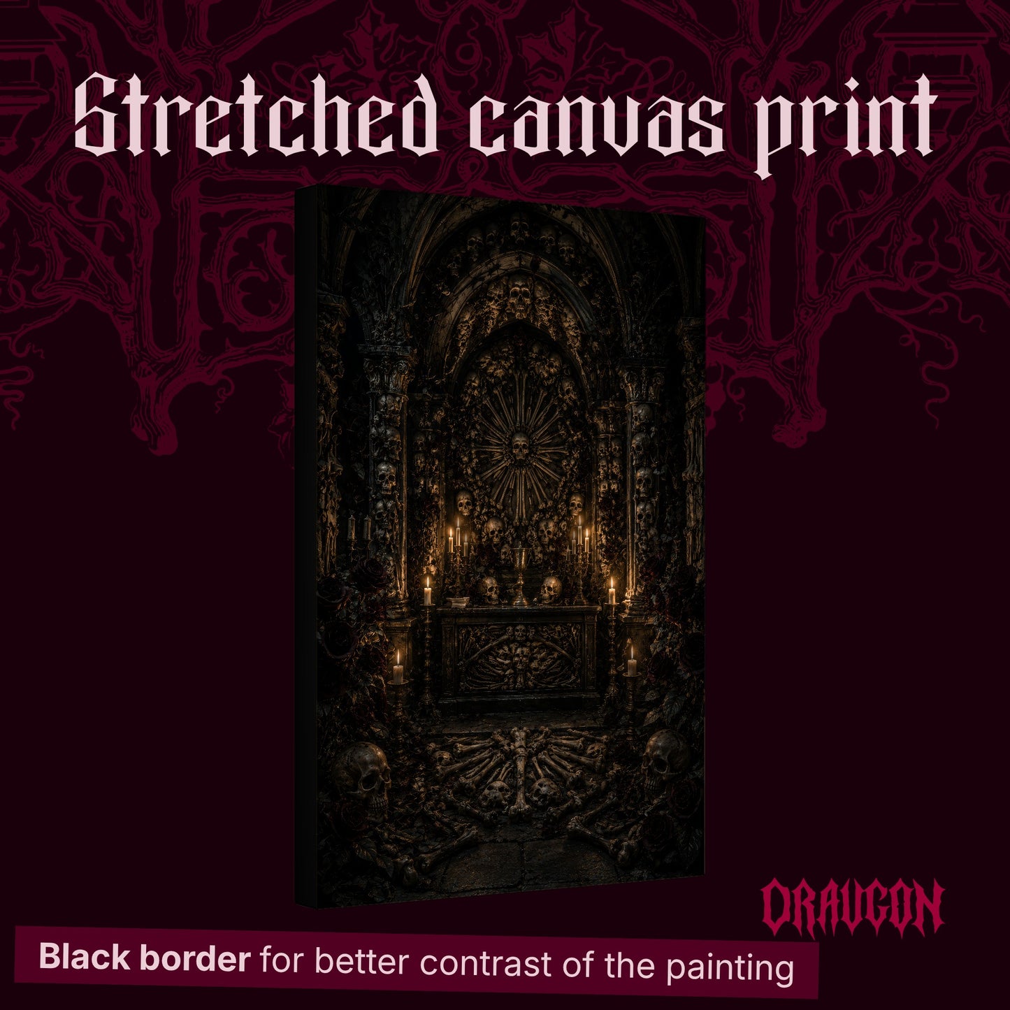 Charnel shown as a gallery-wrapped stretched canvas angled to reveal its depth and black border, with the Draugon wordmark and the caption Black border for better contrast of the painting.