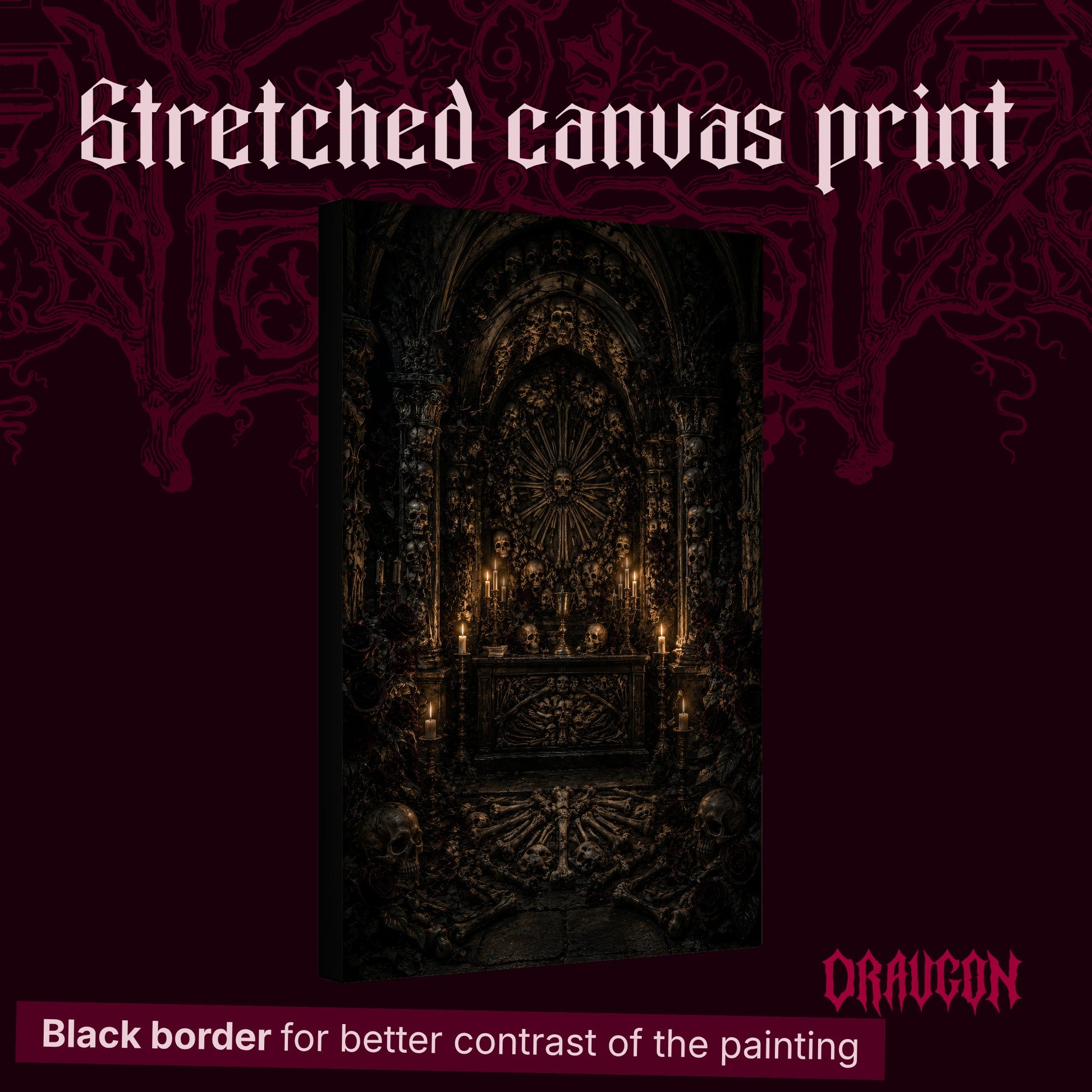 Charnel shown as a gallery-wrapped stretched canvas angled to reveal its depth and black border, with the Draugon wordmark and the caption Black border for better contrast of the painting.
