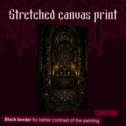 Charnel shown as a gallery-wrapped stretched canvas angled to reveal its depth and black border, with the Draugon wordmark and the caption Black border for better contrast of the painting.
