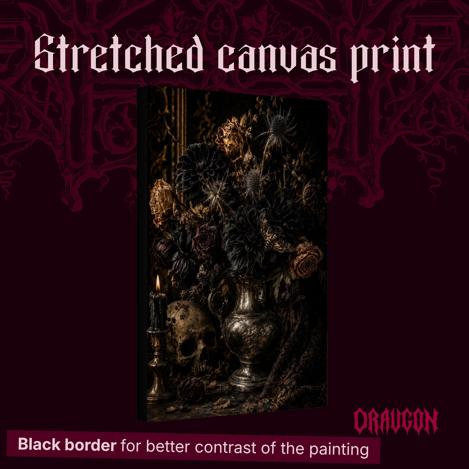 Threnody shown as a gallery-wrapped stretched canvas angled to reveal its depth and black border, with the Draugon wordmark and the caption Black border for better contrast of the painting.