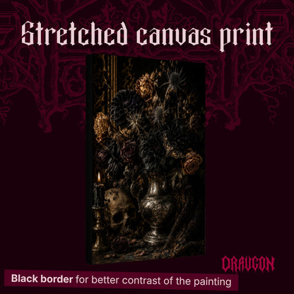 Threnody shown as a gallery-wrapped stretched canvas angled to reveal its depth and black border, with the Draugon wordmark and the caption Black border for better contrast of the painting.