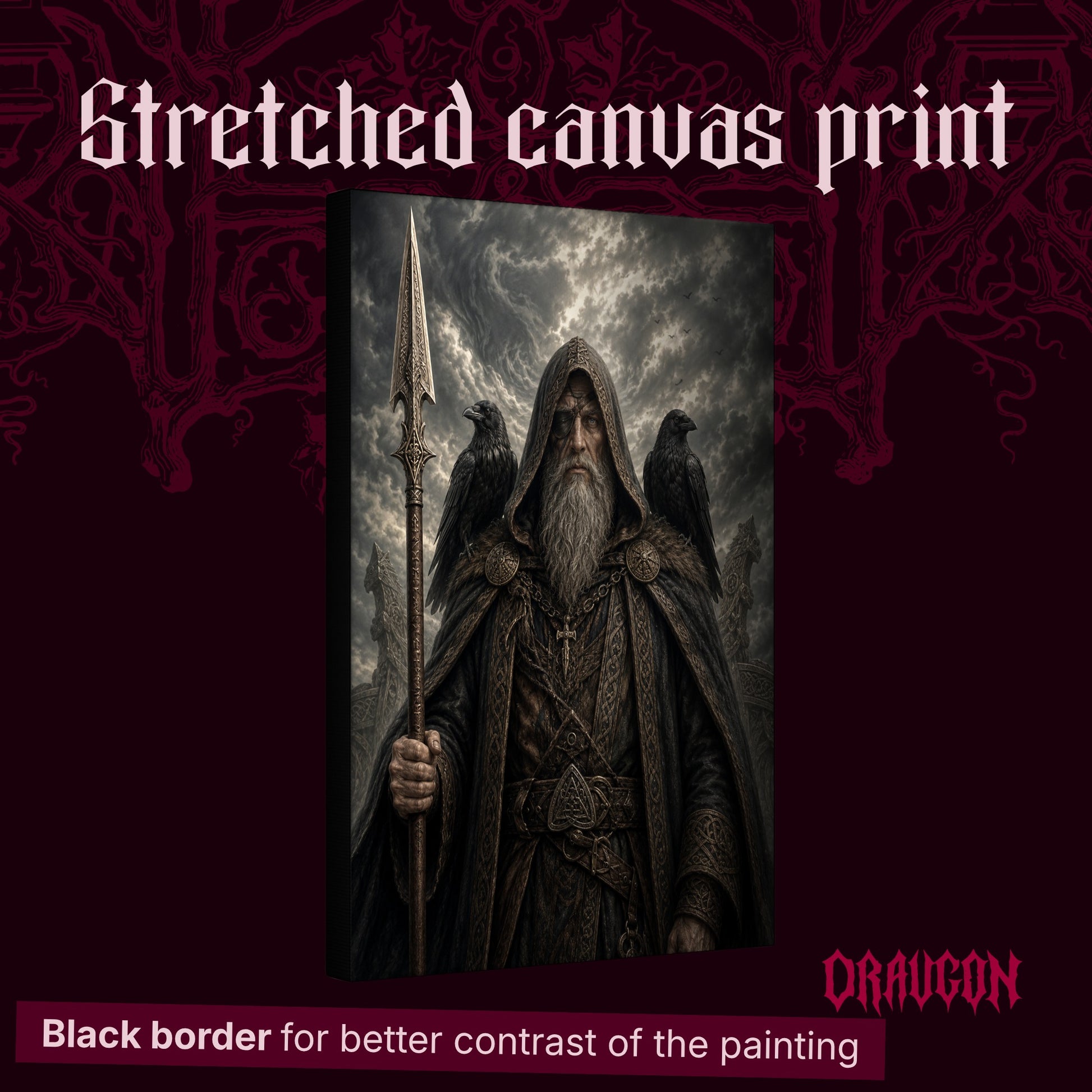 Gungnir shown as a gallery-wrapped stretched canvas angled to reveal its depth and black border, with the Draugon wordmark and the caption Black border for better contrast of the painting.