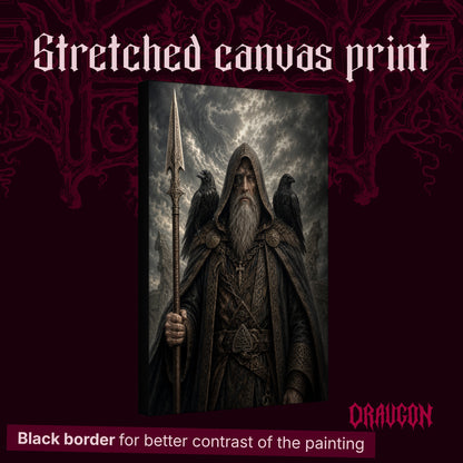 Gungnir shown as a gallery-wrapped stretched canvas angled to reveal its depth and black border, with the Draugon wordmark and the caption Black border for better contrast of the painting.
