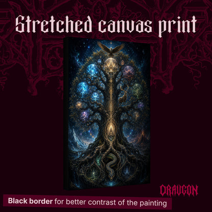 Yggdrasil shown as a gallery-wrapped stretched canvas angled to reveal its depth and black border, with the Draugon wordmark and the caption Black border for better contrast of the painting.