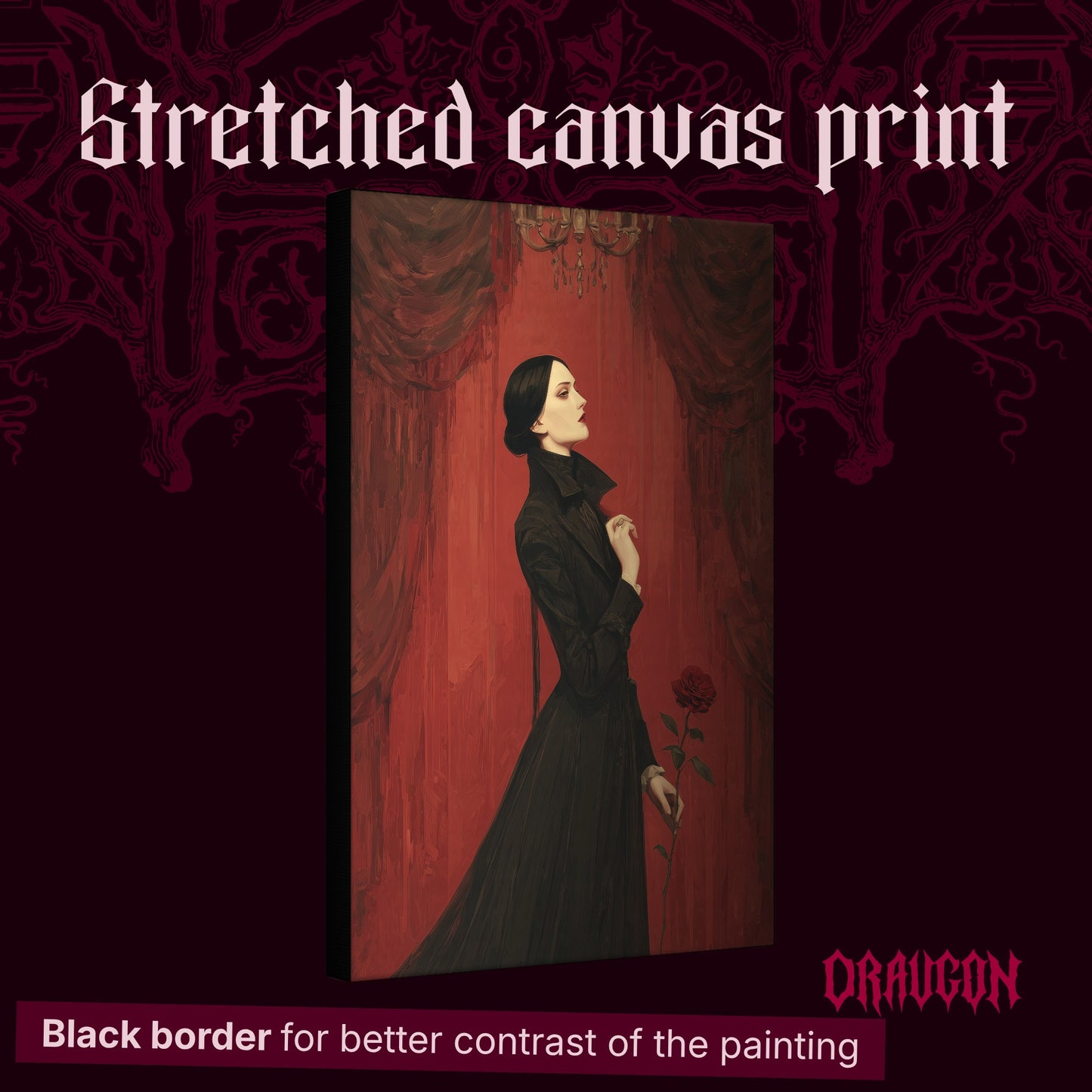 The Countess shown as a gallery-wrapped stretched canvas angled to reveal its depth and black border, with the Draugon wordmark and the caption Black border for better contrast of the painting.