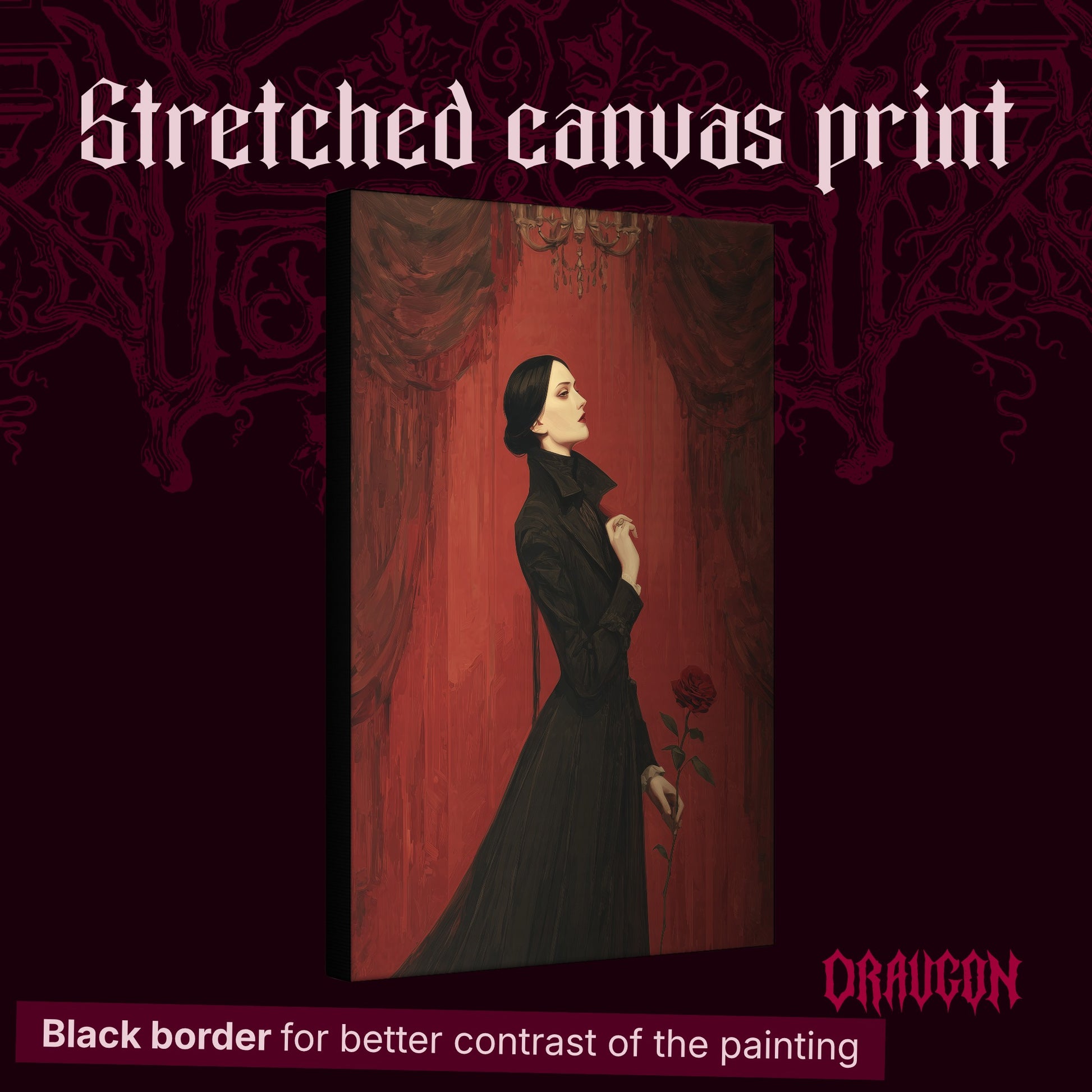 The Countess shown as a gallery-wrapped stretched canvas angled to reveal its depth and black border, with the Draugon wordmark and the caption Black border for better contrast of the painting.