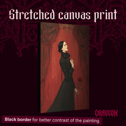 The Countess shown as a gallery-wrapped stretched canvas angled to reveal its depth and black border, with the Draugon wordmark and the caption Black border for better contrast of the painting.