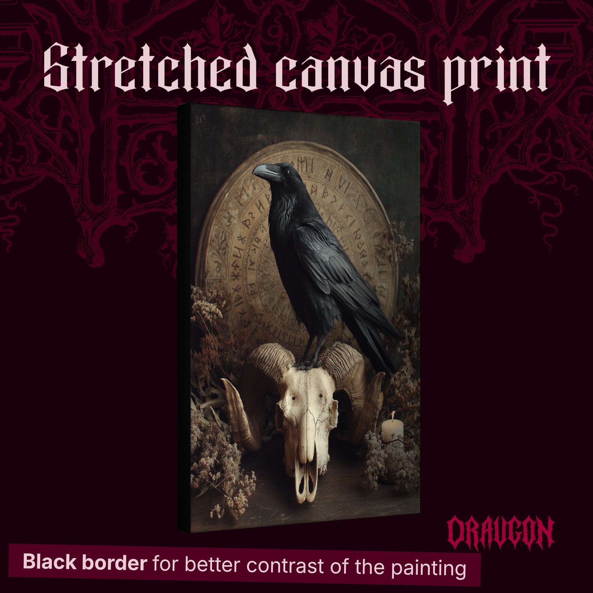 Hrafn shown as a gallery-wrapped stretched canvas angled to reveal its depth and black border, with the Draugon wordmark and the caption Black border for better contrast of the painting.
