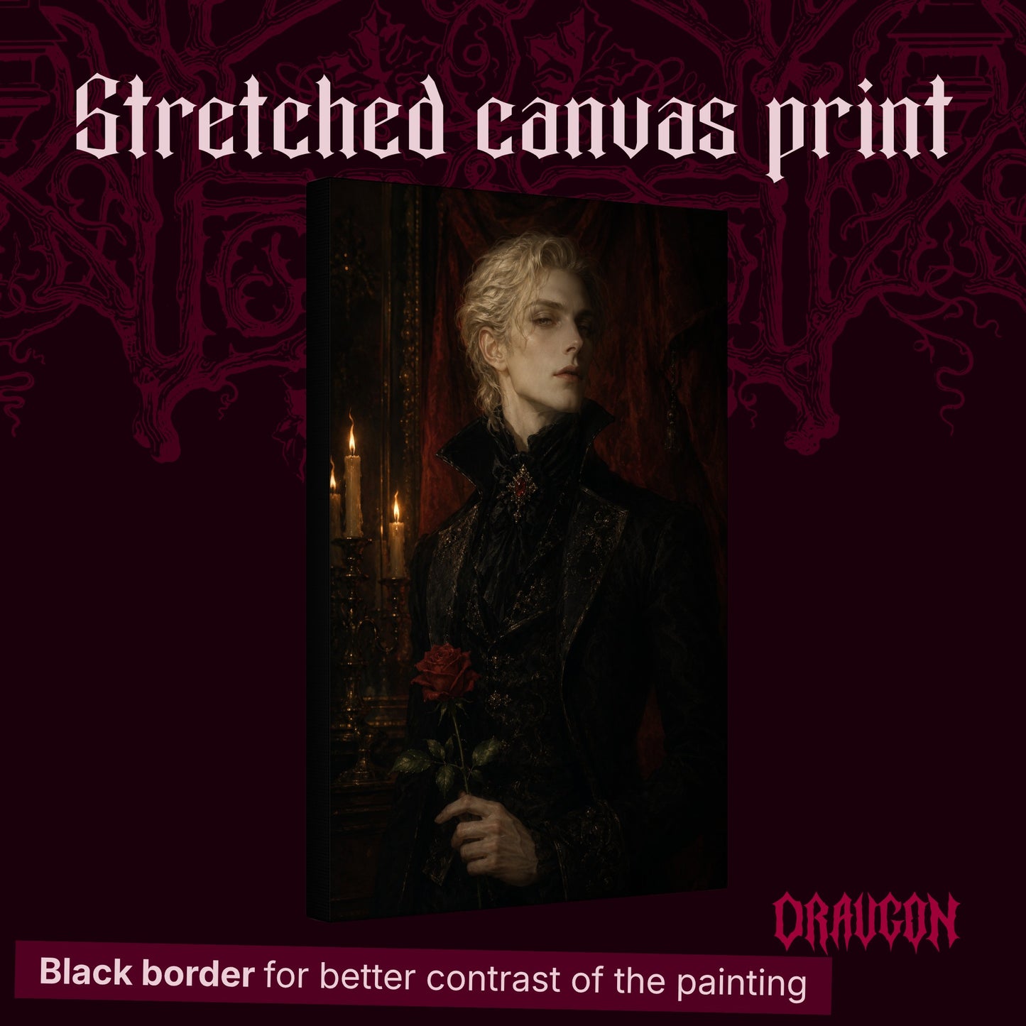 The Aesthete shown as a gallery-wrapped stretched canvas angled to reveal its depth and black border, with the Draugon wordmark and the caption Black border for better contrast of the painting.
