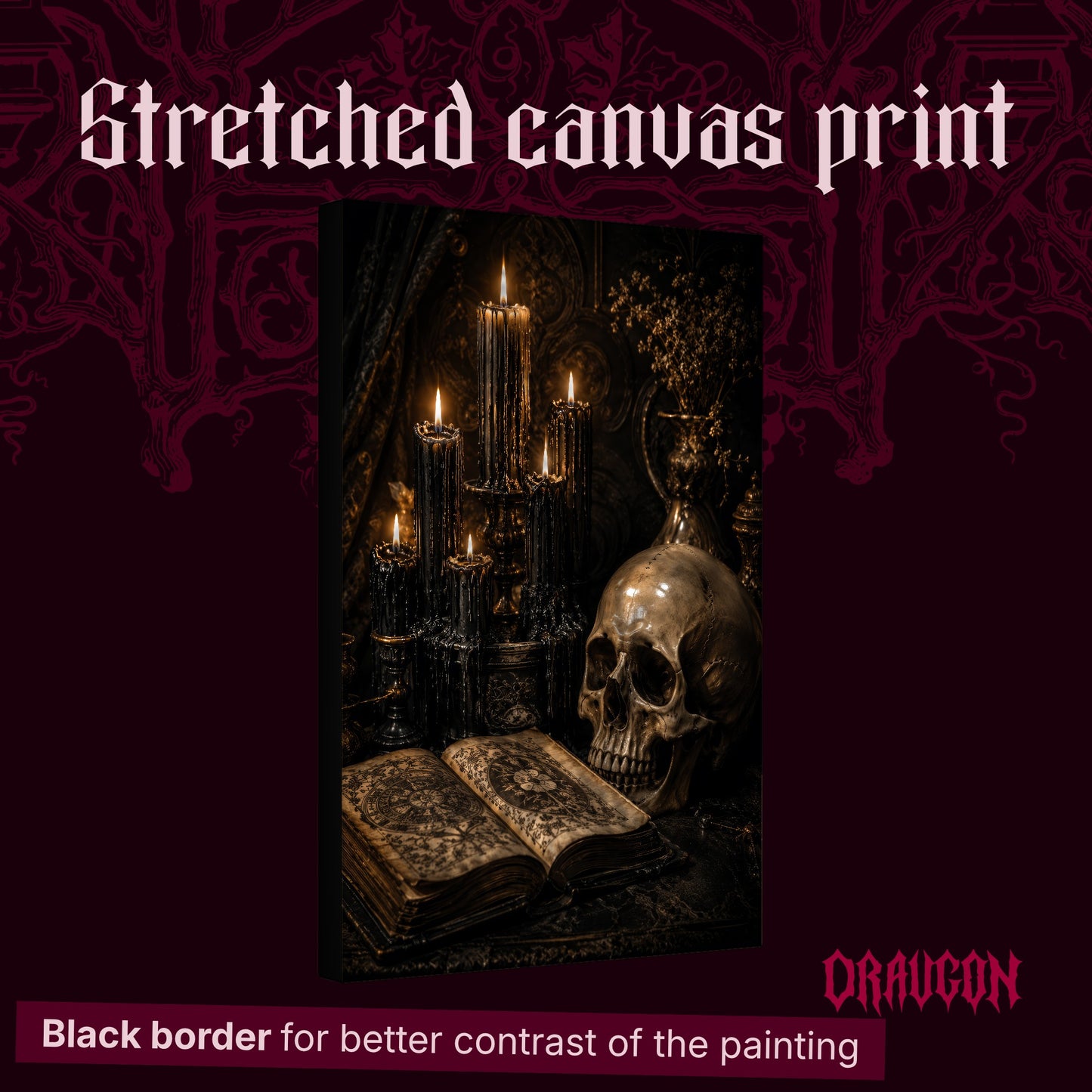 The Black Hours shown as a gallery-wrapped stretched canvas angled to reveal its depth and black border, with the Draugon wordmark and the caption Black border for better contrast of the painting.
